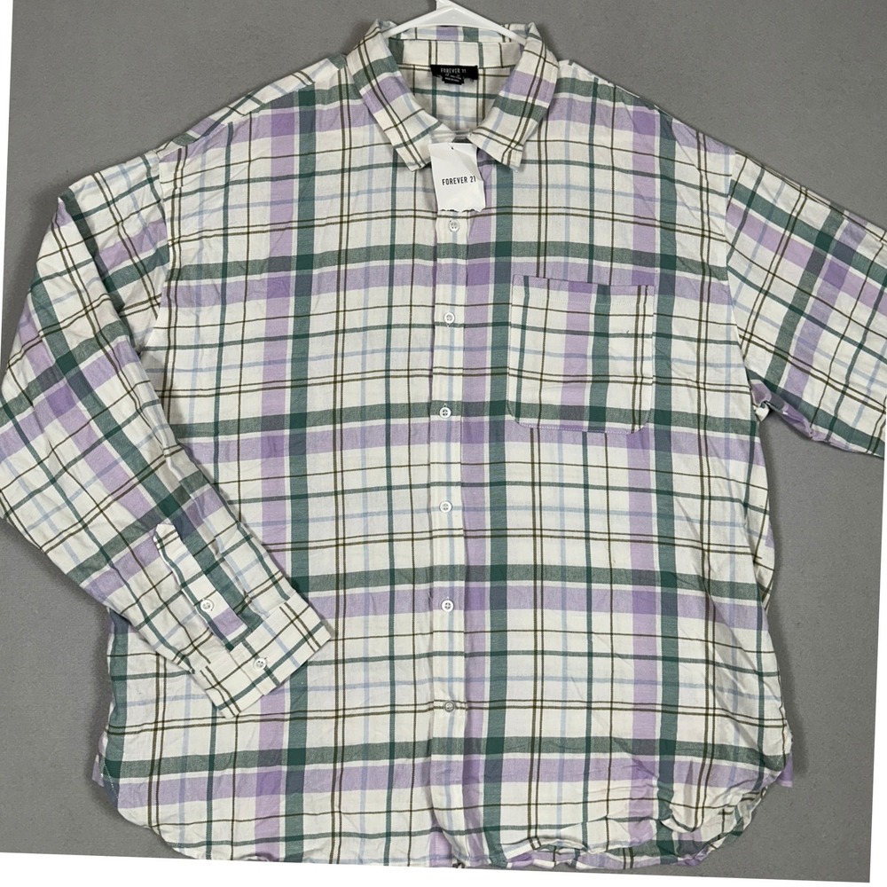 NEW Forever 21 Shirt Mens XL Flannel Purple Green Plaid Button Down Long Sleeve